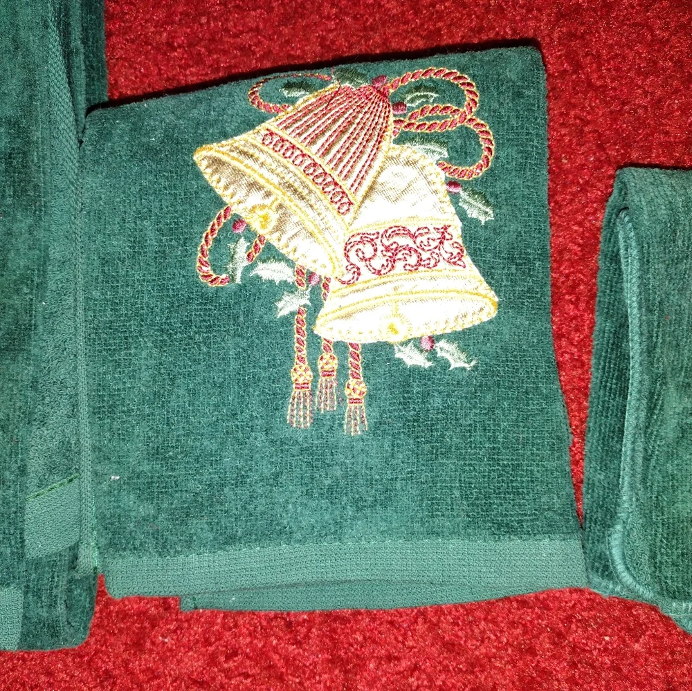 Set of 3 Green Christmas Themed Towels with Bell Applique